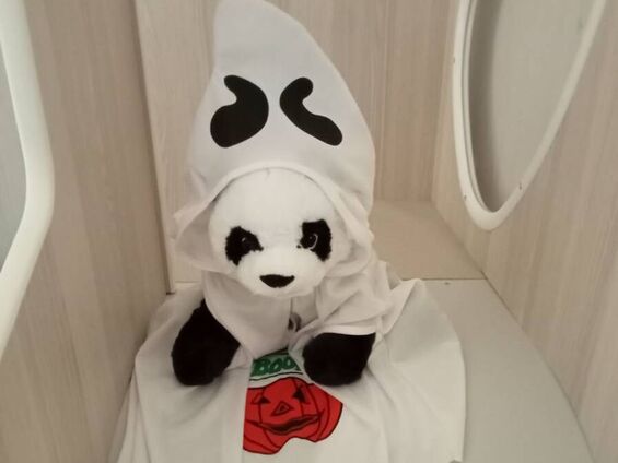 La mascotte Panda des moyens se déguise également, en fantôme!